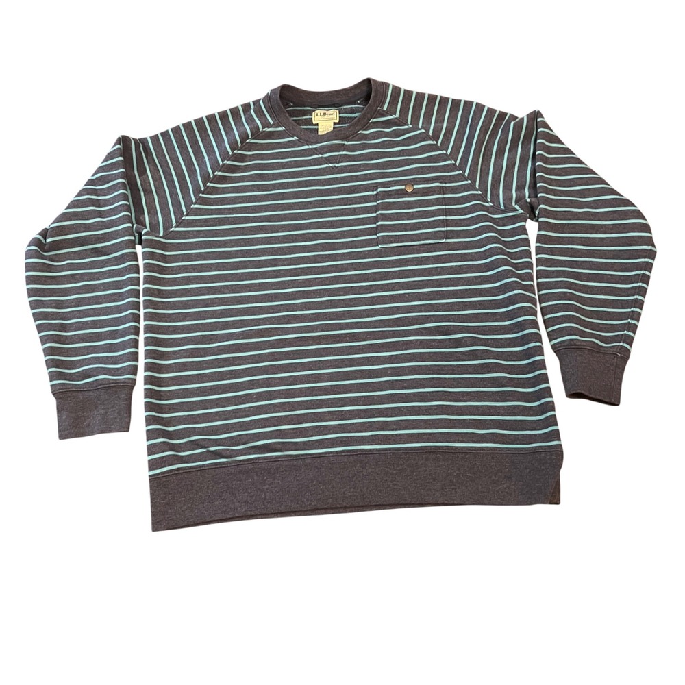 LL Bean Mens Striped Crewneck Sweatshirt Navy Blue Teal Pocket Pullover 520235 L